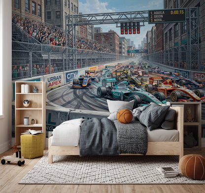 Urban Street Circuit Wallpaper Formula Race Cars Removable City Landscape Wall Decor