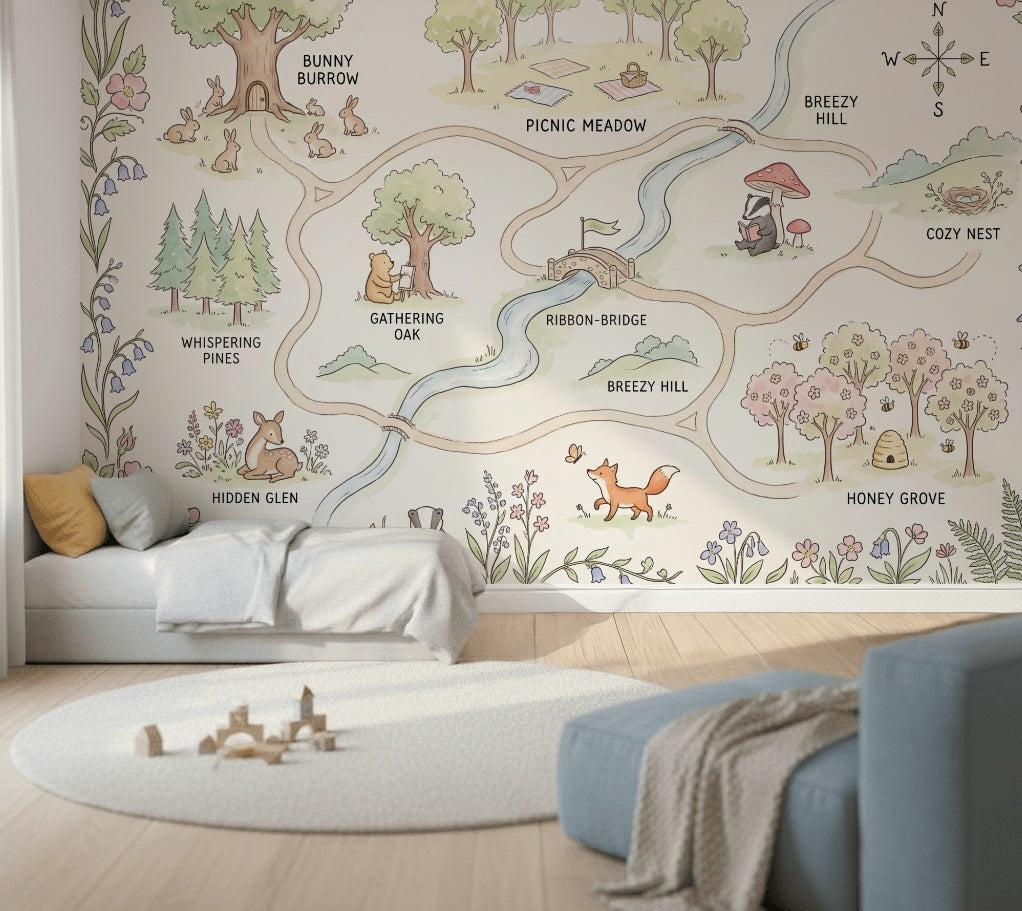 Whimsical Woodland Map Wallpaper Storybook Illustration Pastel Watercolor Wall Mural