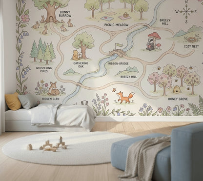 Whimsical Woodland Map Wallpaper Storybook Illustration Pastel Watercolor Wall Mural