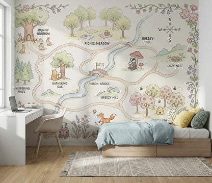 Whimsical Woodland Map Wallpaper Storybook Illustration Pastel Watercolor Wall Mural