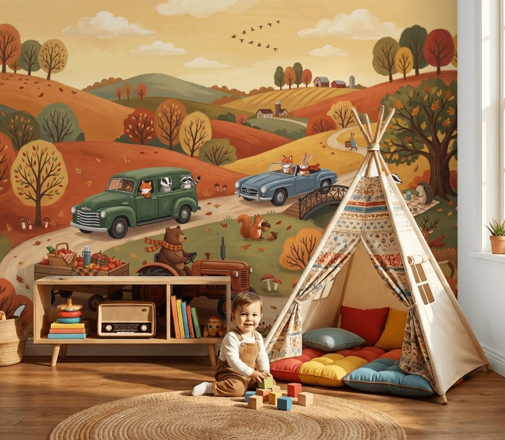 Autumn Landscape Wallpaper Rolling Hills Woodland Animals Wall Mural