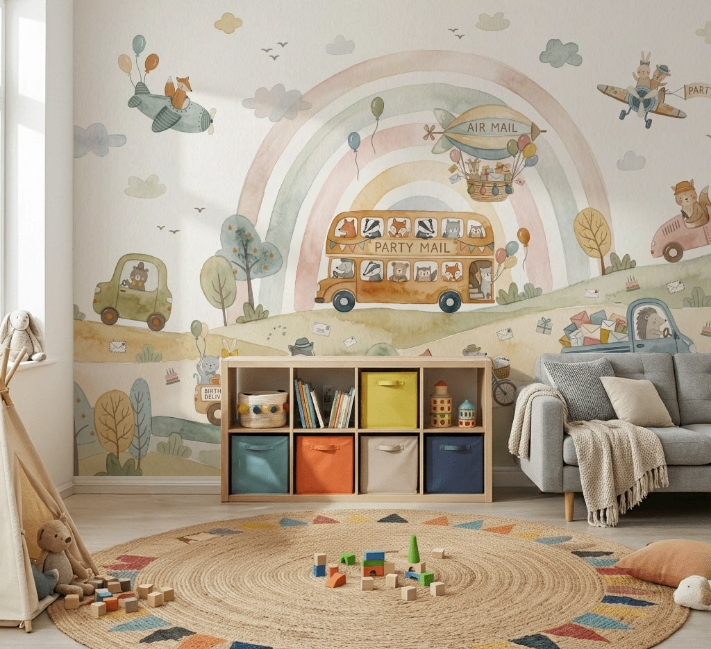 Nursery Wallpaper Pastel Rainbow Cute Animals Removable Wall Decor