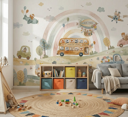 Nursery Wallpaper Pastel Rainbow Cute Animals Removable Wall Decor