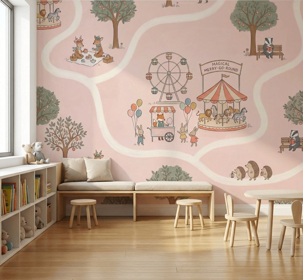 Amusement Park Wallpaper Storybook Removable Woodland Animals Wall Decor