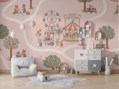 Amusement Park Wallpaper Storybook Removable Woodland Animals Wall Decor