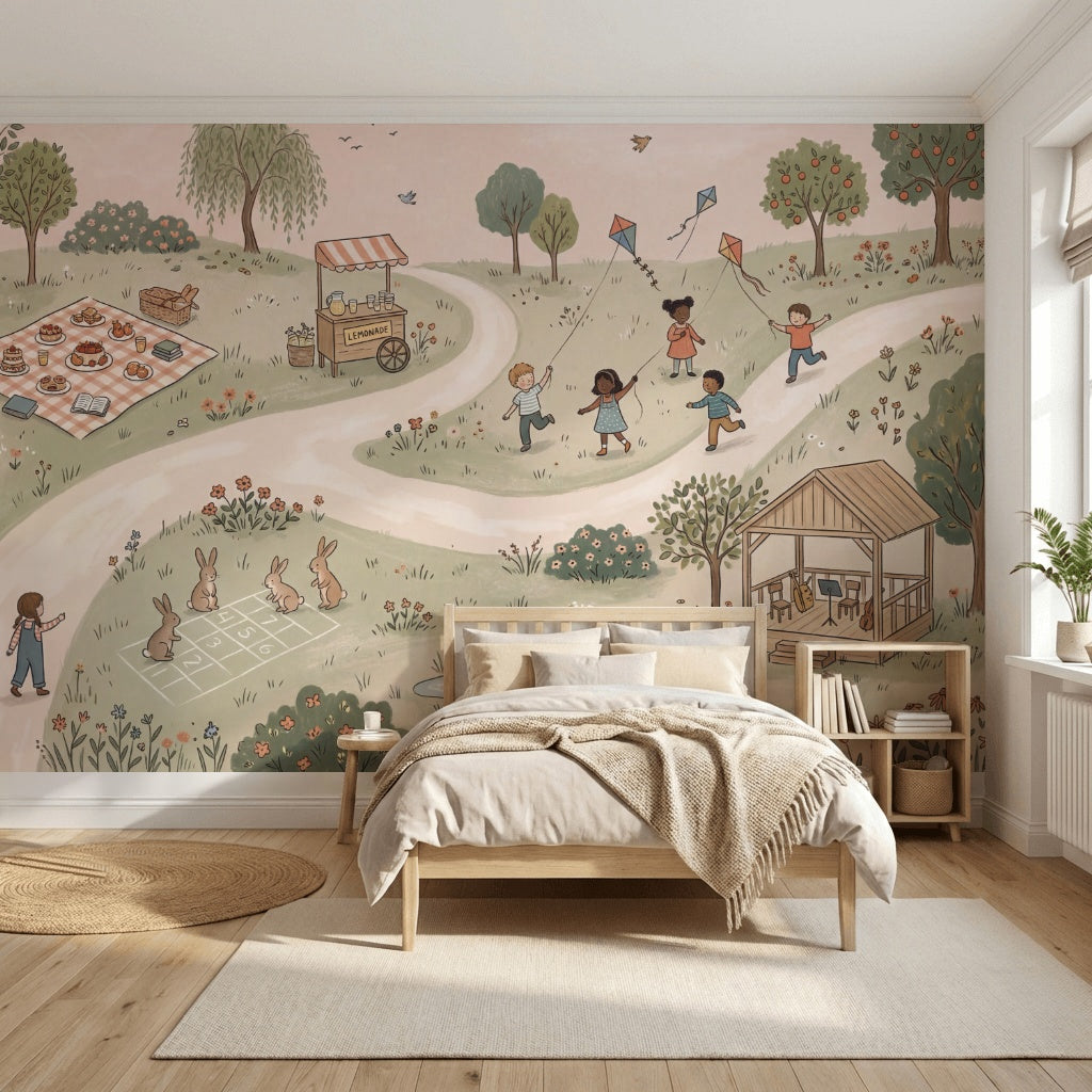 Pastoral Landscape Wallpaper Children Playing Removable Kites Wall Decor