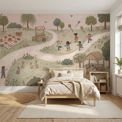 Pastoral Landscape Wallpaper Children Playing Removable Kites Wall Decor