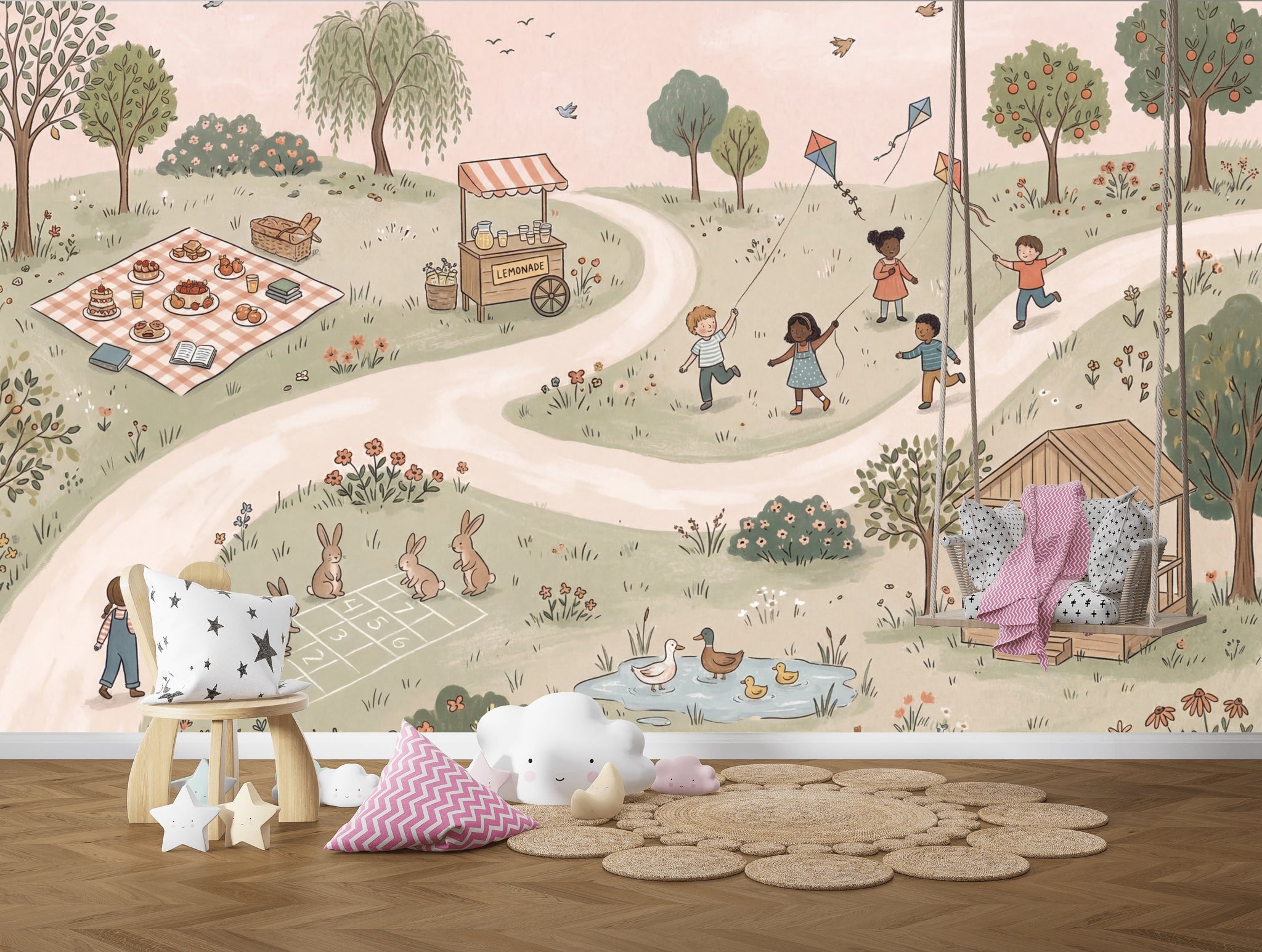 Pastoral Landscape Wallpaper Children Playing Removable Kites Wall Decor