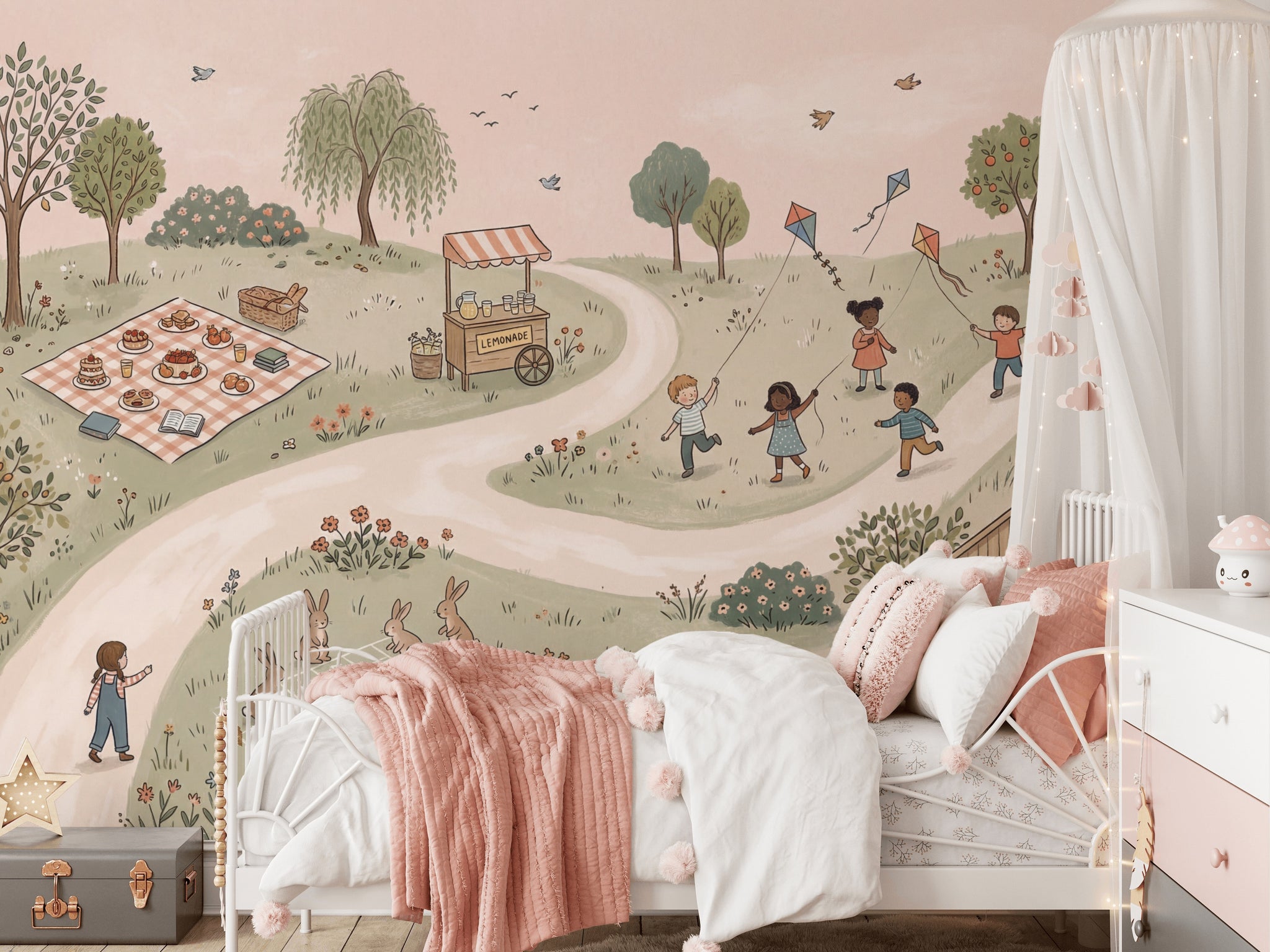 Pastoral Landscape Wallpaper Children Playing Removable Kites Wall Decor