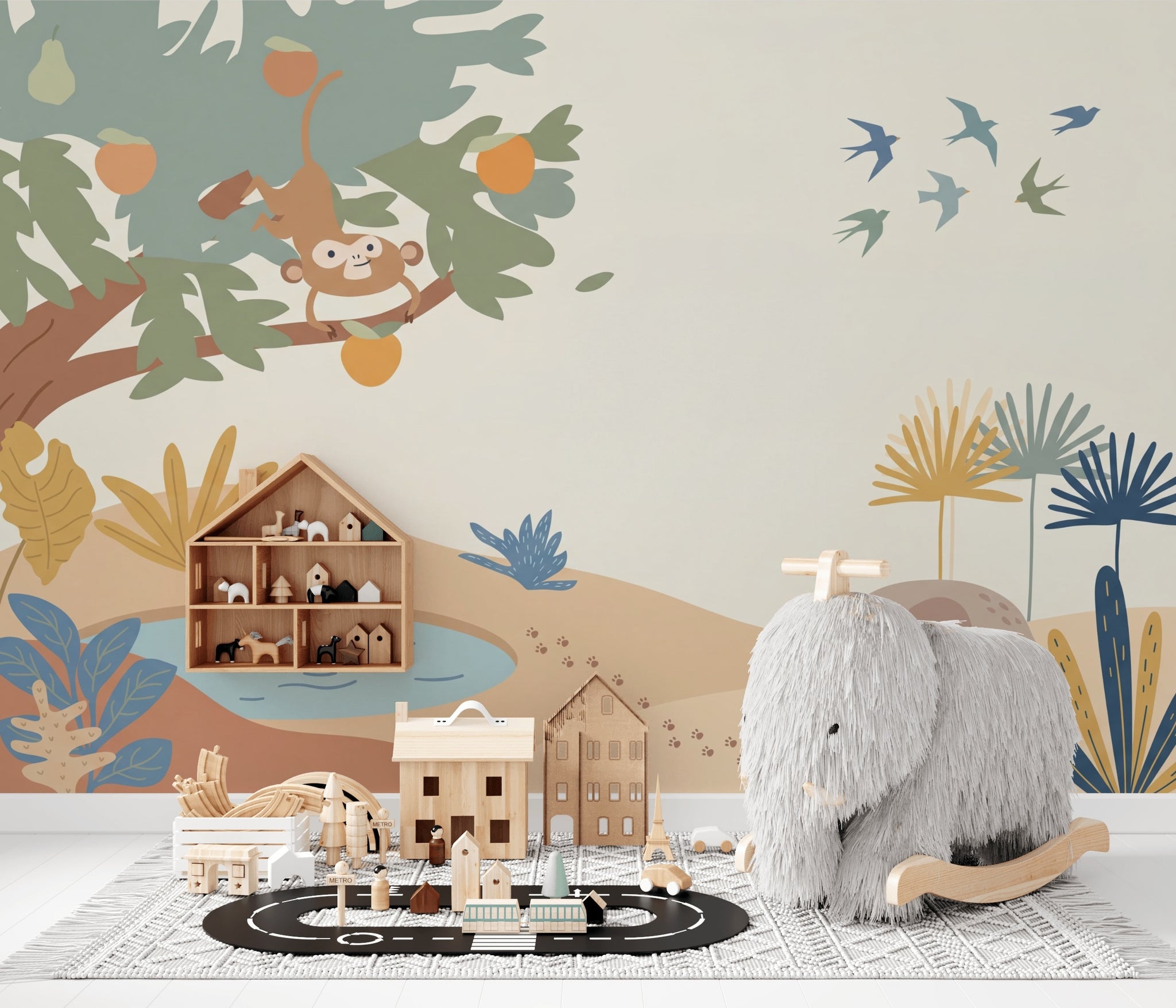 Jungle Safari Wallpaper Kids Wallpaper Cartoon Animals Removable Wall Decor