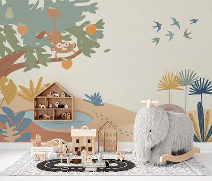 Jungle Safari Wallpaper Kids Wallpaper Cartoon Animals Removable Wall Decor