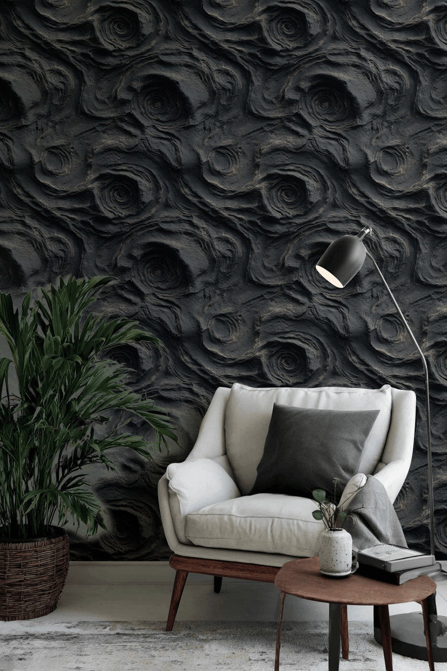 Abstract Stone Texture Wallpaper Black Charcoal Removable Lava Rock Wall Double Roll