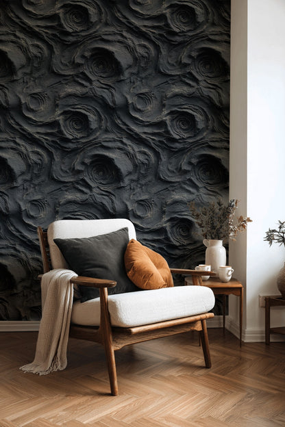 Abstract Stone Texture Wallpaper Black Charcoal Removable Lava Rock Wall Double Roll