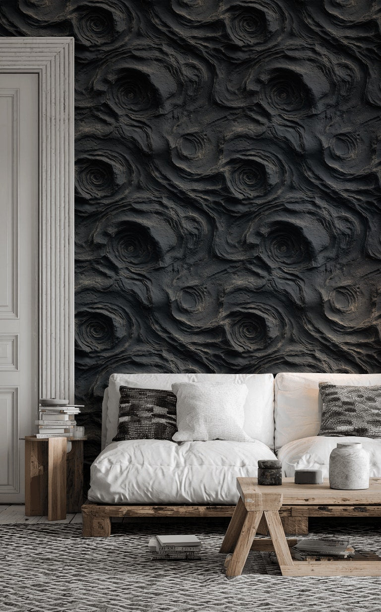 Abstract Stone Texture Wallpaper Black Charcoal Removable Lava Rock Wall Double Roll