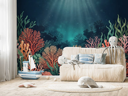 Dark Underwater Wallpaper Coral Reef Ocean Blue Wall Mural