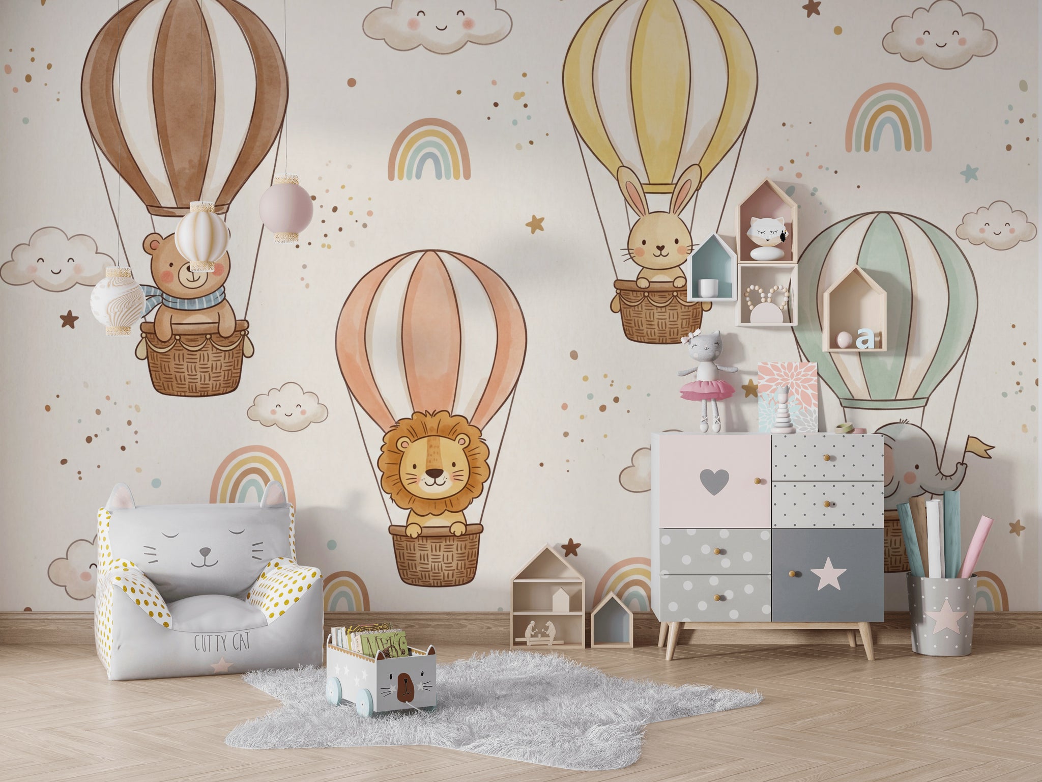 Nursery Wallpaper Hot Air Balloons Cute Animals Removable Wall Decor