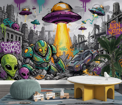 Alien Invasion Wallpaper UFO Graffiti Street Art Wall Mural