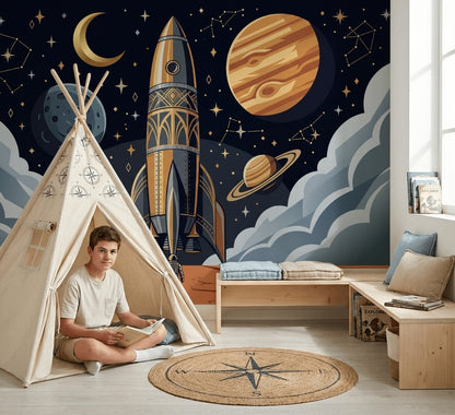 Rocket Ship Wallpaper Dark Space Removable Astronaut Wall Decor