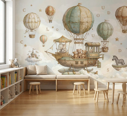 Whimsical Wallpaper Hot Air Balloons Removable Floating Airship Wall Decor
