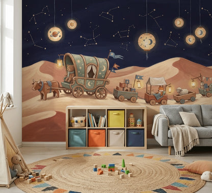 Dark Night Sky Wallpaper Desert Dunes Whimsical Caravan Removable Wall Decor