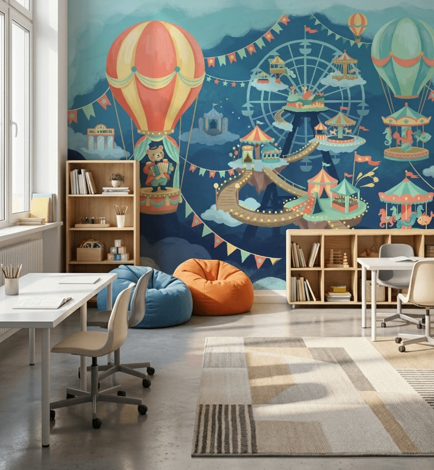 Whimsical Carnival Wallpaper Floating Islands Removable Hot Air Balloons Wall Decor