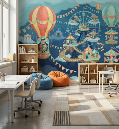 Whimsical Carnival Wallpaper Floating Islands Removable Hot Air Balloons Wall Decor