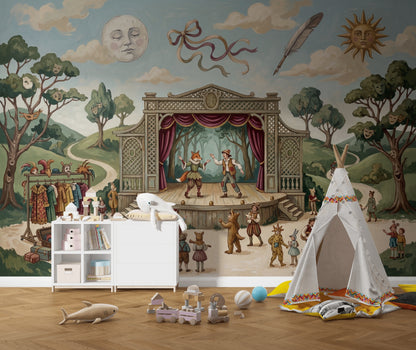 Storybook Theater Wallpaper Outdoor Stage Vintage Illustration Wall Mural