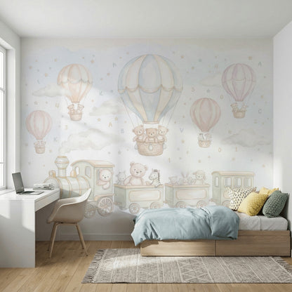 Hot Air Balloons Wallpaper Teddy Bears Removable Toy Train Wall Decor