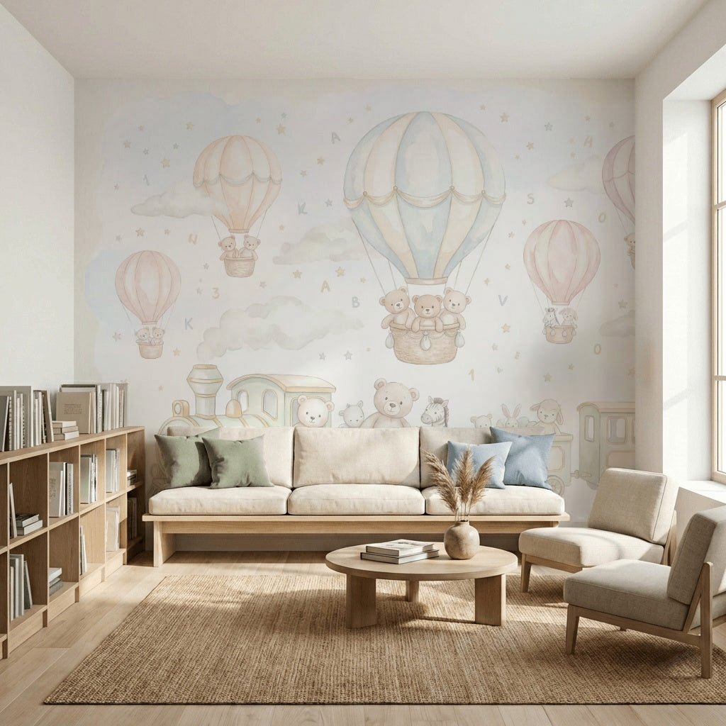 Hot Air Balloons Wallpaper Teddy Bears Removable Toy Train Wall Decor