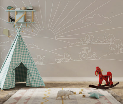 Nursery Wallpaper Farm Landscape Sun Rays Removable Wall Decor
