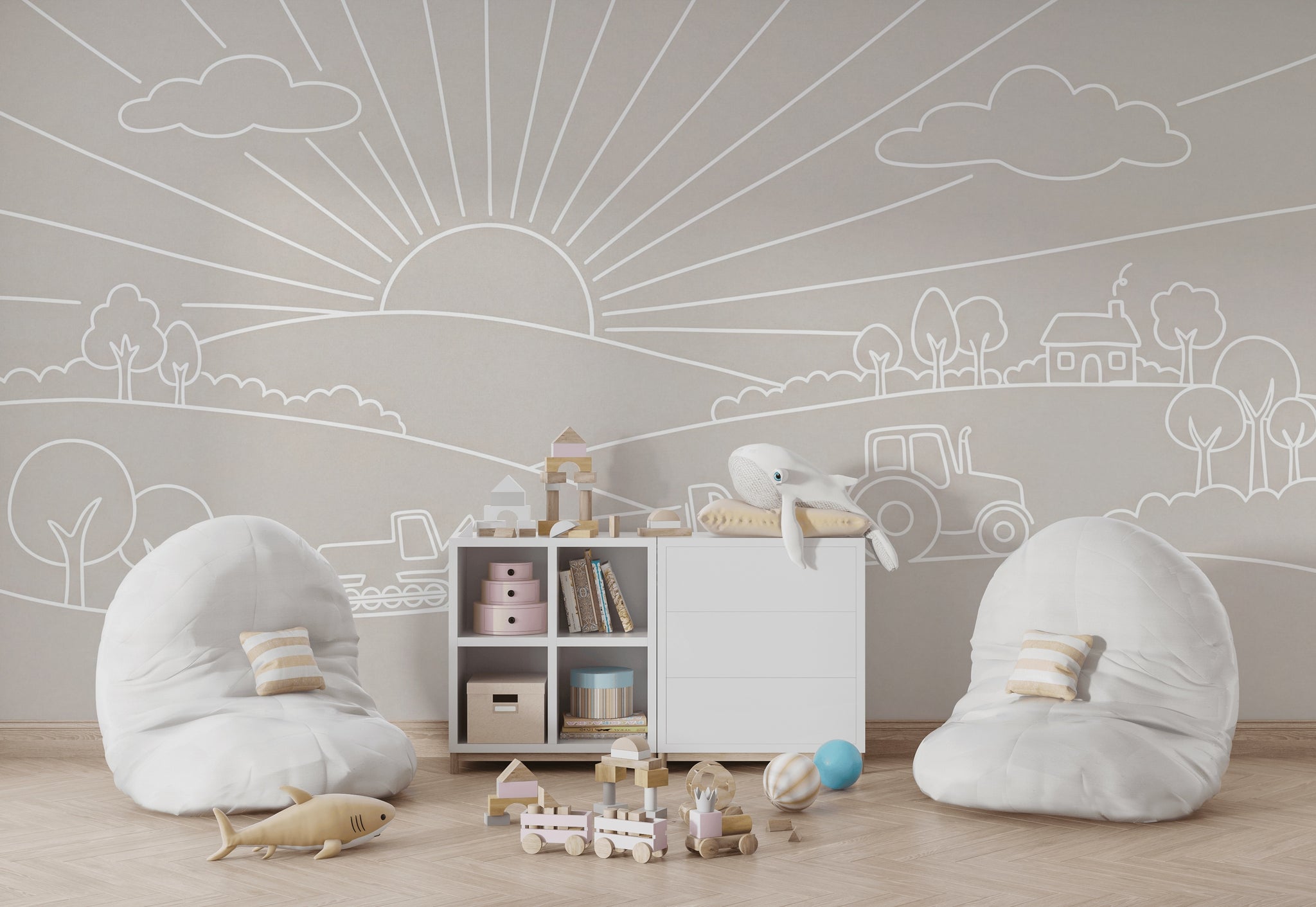 Nursery Wallpaper Farm Landscape Sun Rays Removable Wall Decor
