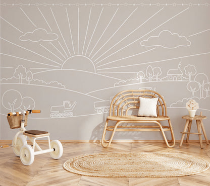 Nursery Wallpaper Farm Landscape Sun Rays Removable Wall Decor