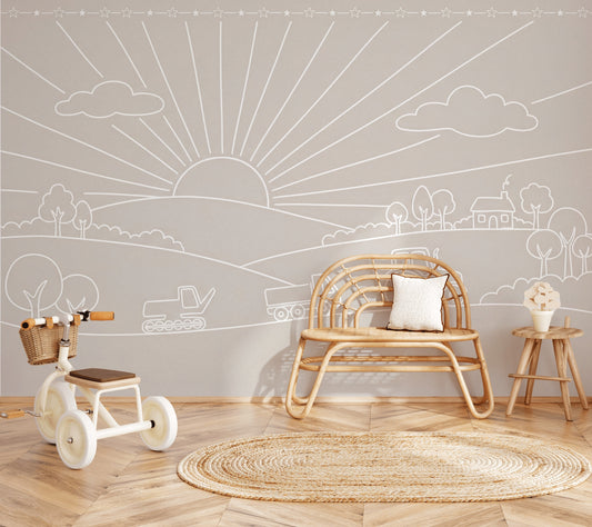 Nursery Wallpaper Farm Landscape Sun Rays Removable Wall Decor