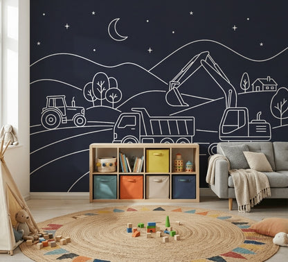 Night Landscape Wallpaper Line Art Construction Vehicles Wall Mural