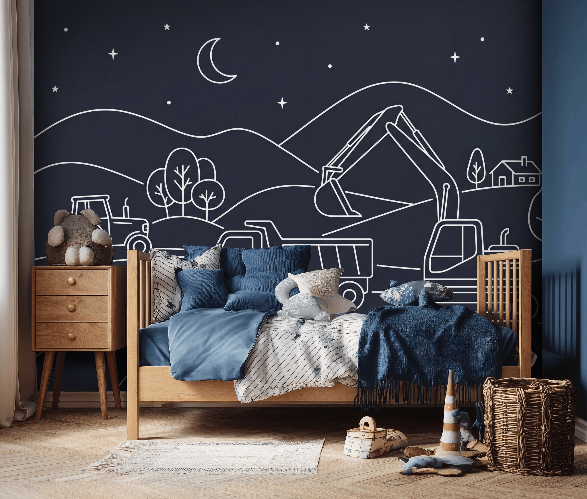 Night Landscape Wallpaper Line Art Construction Vehicles Wall Mural