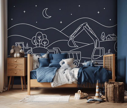 Night Landscape Wallpaper Line Art Construction Vehicles Wall Mural