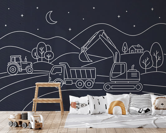 Night Landscape Wallpaper Line Art Construction Vehicles Wall Mural