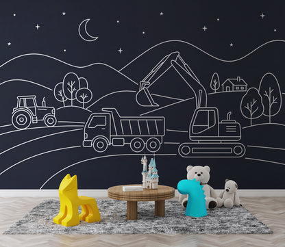 Night Landscape Wallpaper Line Art Construction Vehicles Wall Mural