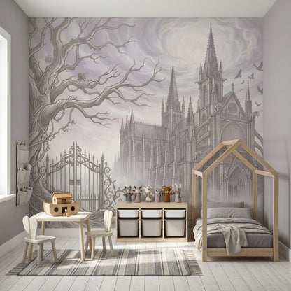 Gothic Cathedral Wallpaper Misty Fog Twisted Bare Tree Wall Mural