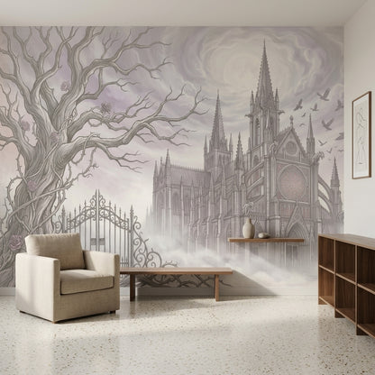 Gothic Cathedral Wallpaper Misty Fog Twisted Bare Tree Wall Mural