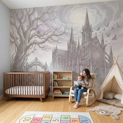 Gothic Cathedral Wallpaper Misty Fog Twisted Bare Tree Wall Mural