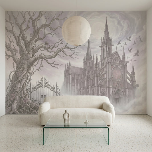 Gothic Cathedral Wallpaper Misty Fog Twisted Bare Tree Wall Mural