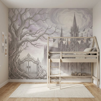 Gothic Cathedral Wallpaper Misty Fog Twisted Bare Tree Wall Mural