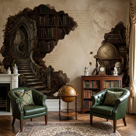 Vintage Library Wallpaper Parchment Gothic Archway Removable Wall Decor