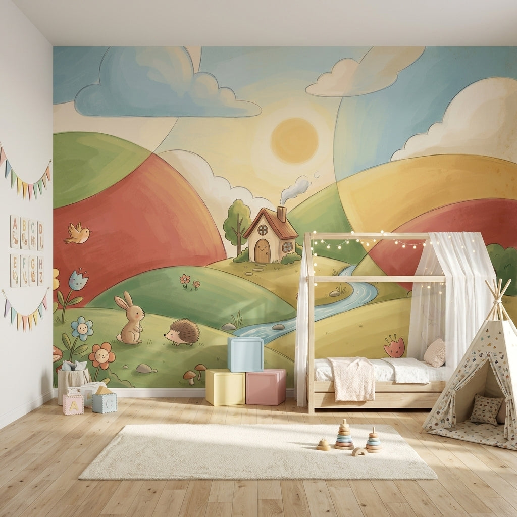 Sunny Sky Wallpaper Pastel Landscape Whimsical Nursery Wall Mural