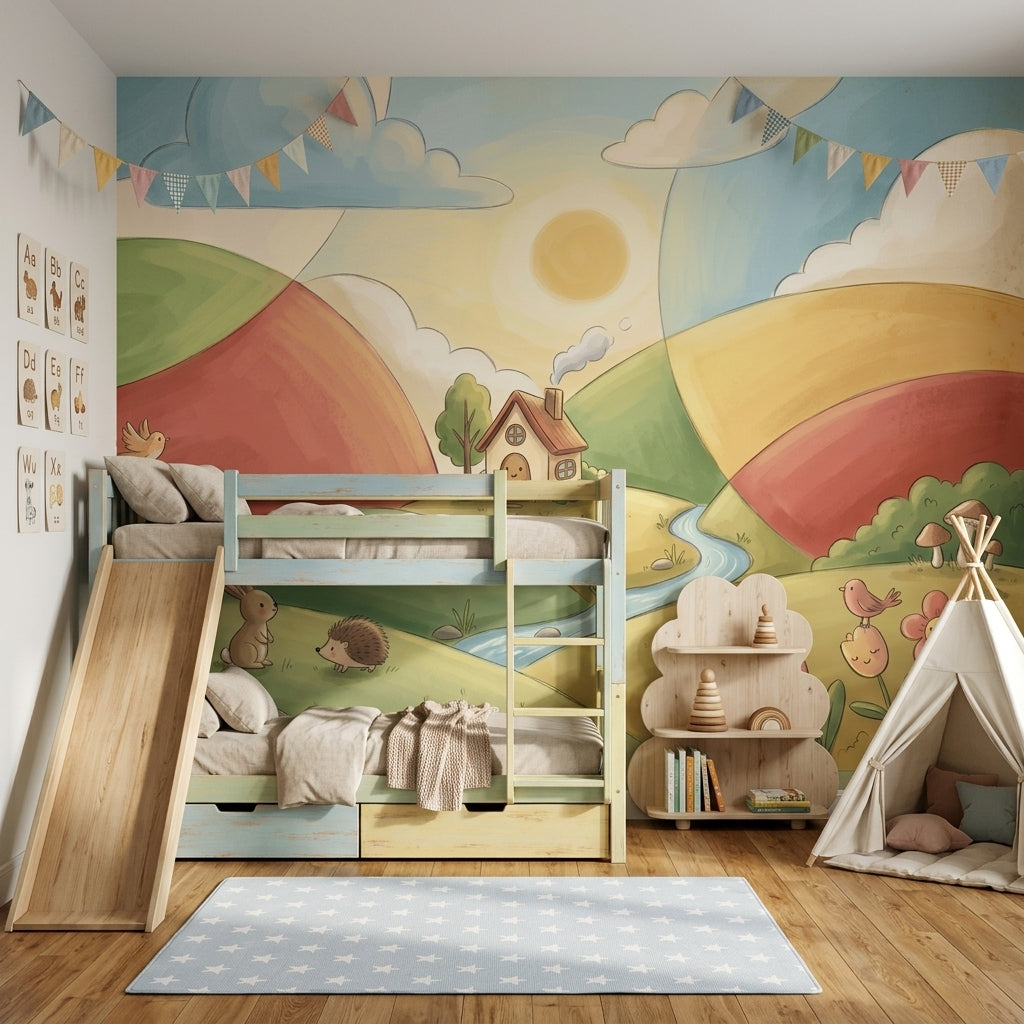 Sunny Sky Wallpaper Pastel Landscape Whimsical Nursery Wall Mural
