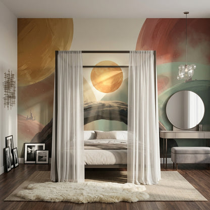 Abstract Landscape Wallpaper Surreal Planets Removable Geometric Circles Wall Decor
