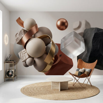 3D Spheres Wallpaper Metallic Copper Removable Frosted Glass Cube Wall Decor