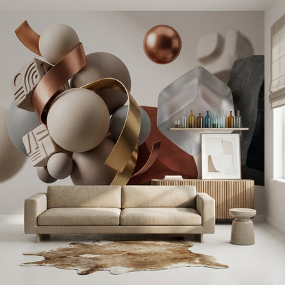 3D Spheres Wallpaper Metallic Copper Removable Frosted Glass Cube Wall Decor