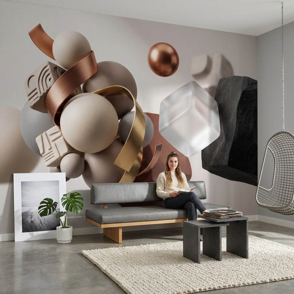3D Spheres Wallpaper Metallic Copper Removable Frosted Glass Cube Wall Decor